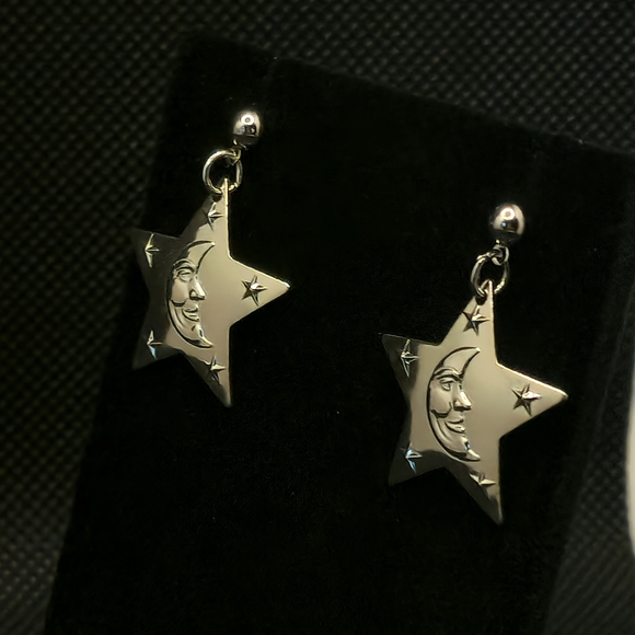 Vintage 70s 925 Silver Over Stainless Star Moon Earrings NOS - Picture 2 of 4